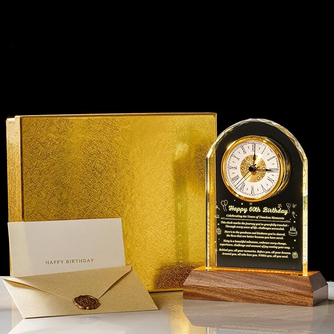 60th Birthday Clock Gifts for Women and Men – Gift for 60 Year Old Mom, Dad, Grandma, or Grandpa with Wooden LED Light Base – Birthday Present Ideas for Her or Him with Gift Box Battery Not Included