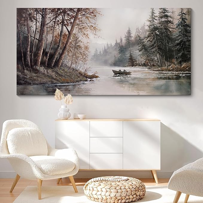 HGUAOA Mountain Canvas Wall Art Rustic Lake Landscape - Nature & Forest Scenery Paintings Pictures for Living Room & Bedroom Wall Decor Vintage Artwork for Walls