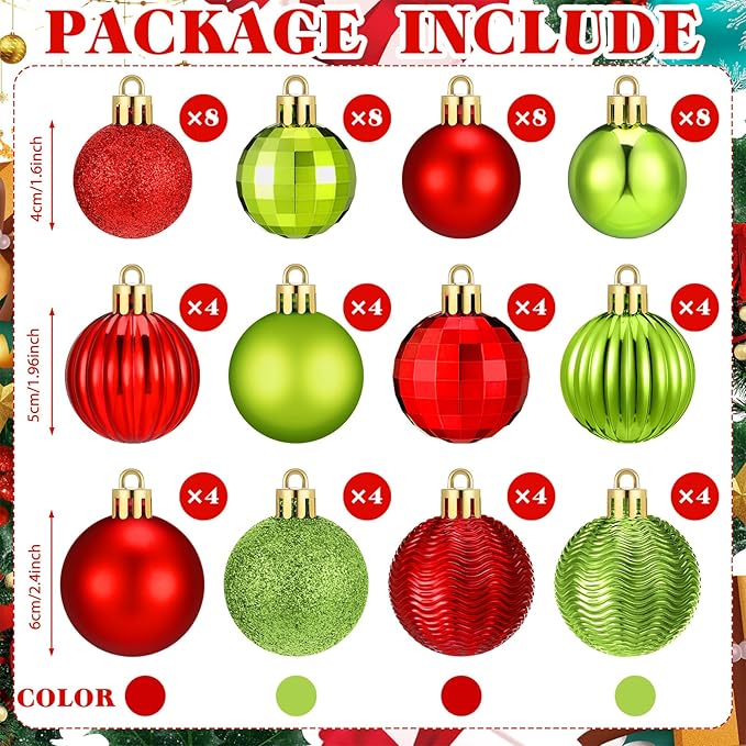 64 Pcs Christmas Ball Ornaments Lime Green Red Plastic Glitter Christmas Tree Decoration Assorted Size Hanging Xmas Ornament for Tree Home Indoor Decor, 1.6/1.97/2.4 Inch