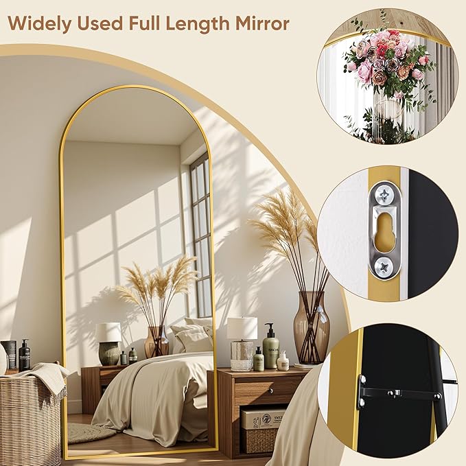 64"x21" Full Length Mirror, Arched Full Body Mirror, Standing Hanging or Leaning Floor Mirror for Bedroom and Living Room, Gold