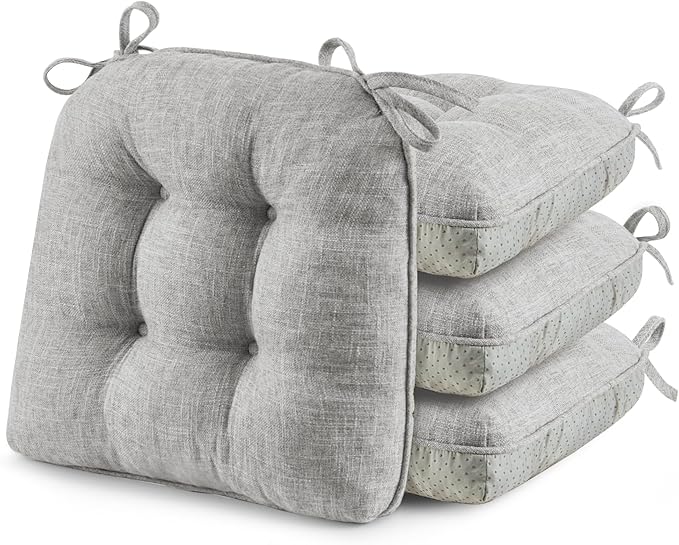 puredown® Chair Cushions for Dining Chairs, Tufted Memory Foam Chair Pads with Non-Slip Backing, Kitchen Seat Cushions with Ties, Washable Seat Pad Set of 4, 15.5" x 15.5" x 4", Light Grey