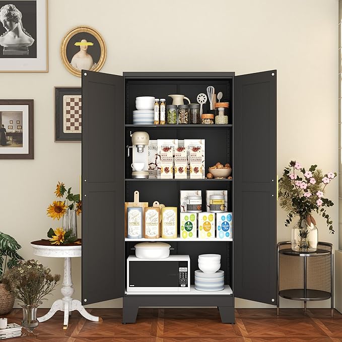 Black Metal Storage Cabinet, 61" Steel Cabinets for Home Office, Kitchen Pantry Storage Cabinet with Doors and 3 Adjustable Shelves, Metal Tool Cabinet, for Office, Home, Garage, School