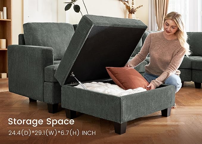 Nolany Sectional Sofa with Storage Ottoman, U Shape Couch with Chaise, Corduroy Modular Sectional Couch for Living Room, Green