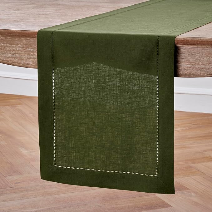 Solino Home Linen Olive Table Runner 132 Inches Long - 100% Pure Linen Extra Long Table Runner 14 x 132 Inch for Fall, Autumn, Thanksgiving - Classic Hemstitch