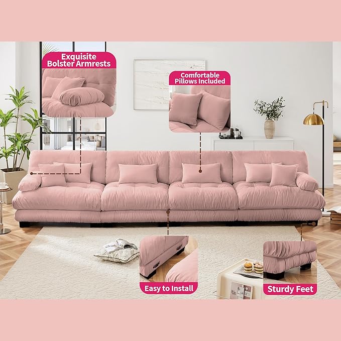 Modular Sectional Sofa Cloud Couch 4-Seater Deep Seat Sofa Couch, Oversized Couch Bed Sectional Couch with Round Bolster Armrests 6 Pillows, Modern Sofa Chair Comfy Couch(Pink)