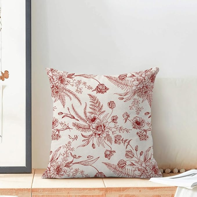Wine Red Spring Pillow Covers 18 x 18 Inch Set of 2 for Chinoiserie Flowers Decor Throw Pillows Burgundy Floral Leaves Seasonal Plant Outdoor Decorative Cushion Cases for Couch Bed Decorations