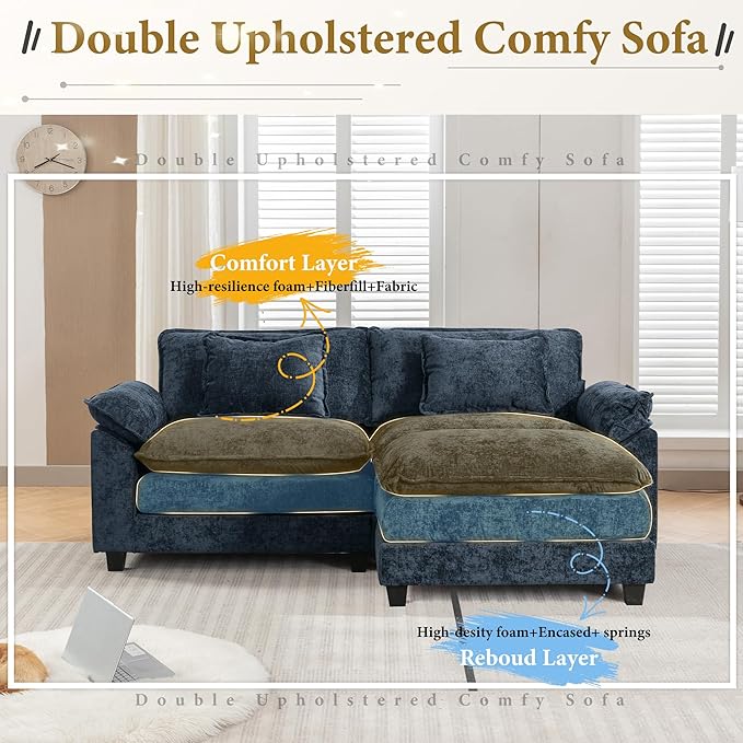 URRED Modular Sectional Sofa Comfy Cloud Couch, Modern Chenille Sofa Sleeper Deep Seat Couches with Ottoman/Pillows for Living Room (Blue, 82.6''- L Shape)
