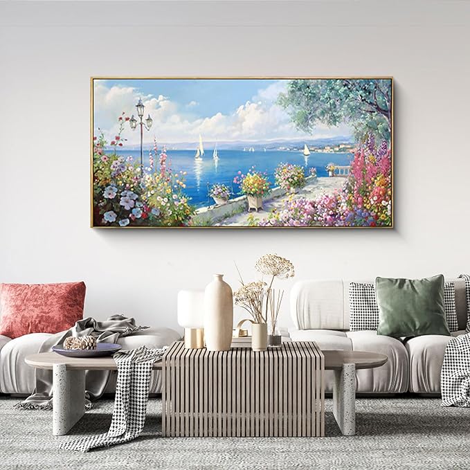 XLSJERST Large Coastal Wall Art - Ocean Seascape Canvas Yellow Green Flowers Painting Landscape Sailboat Picture Artwork Modern Large Framed for Living Room Bedroom Home Office Decor 24x48