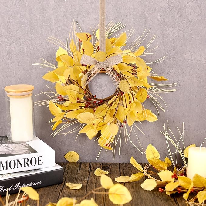 6 Pcs Fall Eucalyptus Leaves Wreaths for Kitchen Cabinets 3 Inch Front Door Mini Autumn Candle Rings Wreath with Red Berries Artificial Farmhouse Hanging Swags Wreath for Thanksgiving Window Decor