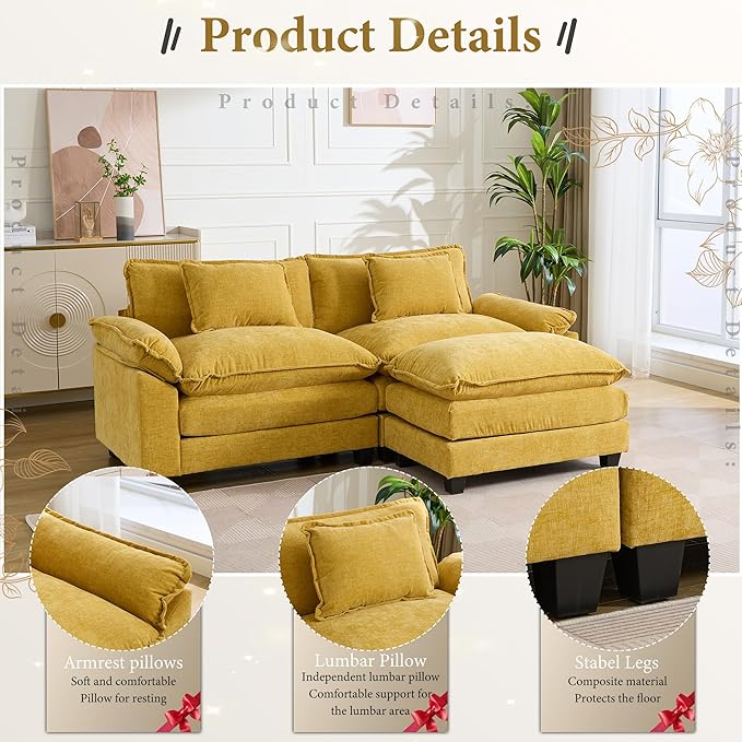 URRED Modular Sectional Sofa Comfy Cloud Couch, Modern Chenille Sofa Sleeper Deep Seat Couches with Ottoman/Pillows for Living Room (Yellow, 82.6''- L Shape)