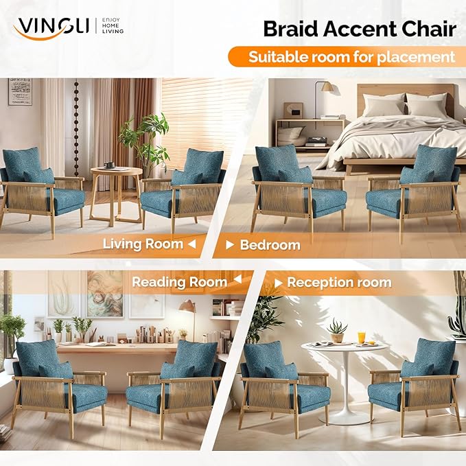 VINGLI Boho Braid Accent Armchairs Set of 2,Mid-Century Modern Chiars with Solid Wooden Armrest,Comfy Louge Cushion Chairs with Waist Pillow for Bedroom,Living Room,Reading Room, Teal