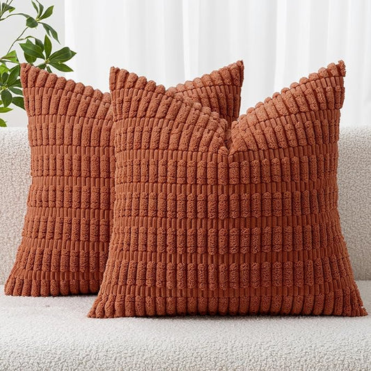 MIULEE Pack of 2 Rust Corduroy Decorative Fall Pillow Covers 20x20 Inch Soft Boho Striped Throw Pillow Covers Modern Farmhouse Home Decor for Summer Sofa Living Room Couch Bed