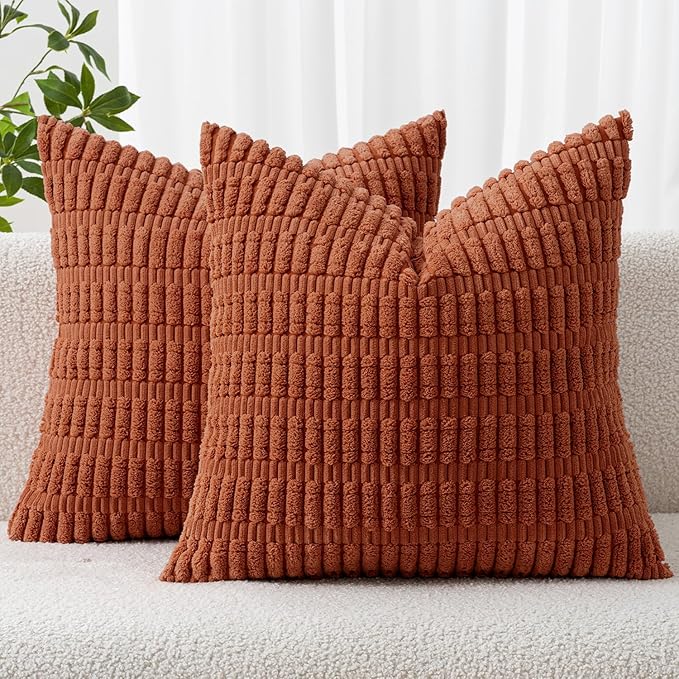 MIULEE Pack of 2 Rust Corduroy Decorative Euro Sham Fall Pillow Covers 26x26 Inch Soft Boho Striped Throw Pillow Covers Modern Farmhouse Home Decor for Summer Sofa Living Room Couch Bed