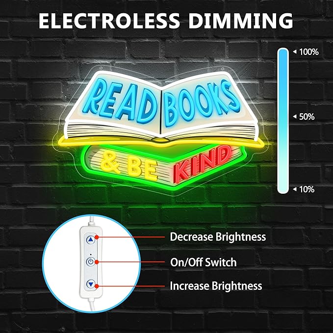 SELICOR Read Books & Be Kind Neon Signs for Wall Decor-Teacher Appreciation Gift,Adjustable LED Book Neon Light Up Sign for Reading Room Study Room Classroom Bookstore Library Museum Cafe Bedroom