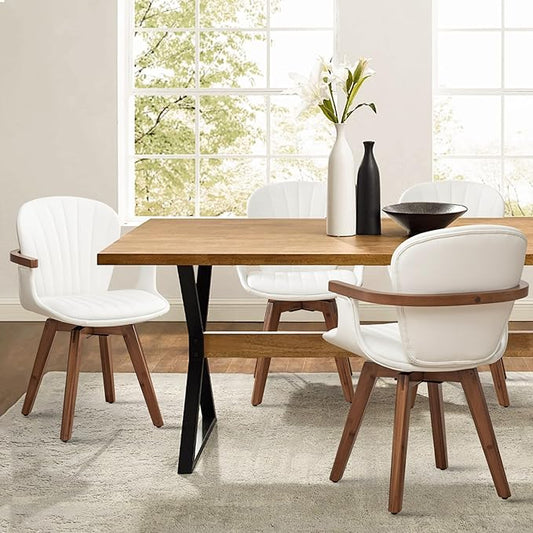 LUNLING Swivel Dining Chairs Set of 4, Mid Century Modern White Faux Leather Kitchen Chairs with Arms,Bamboo Legs Side Chairs No Wheels,Accent Chair for Dining Rooms and Offices