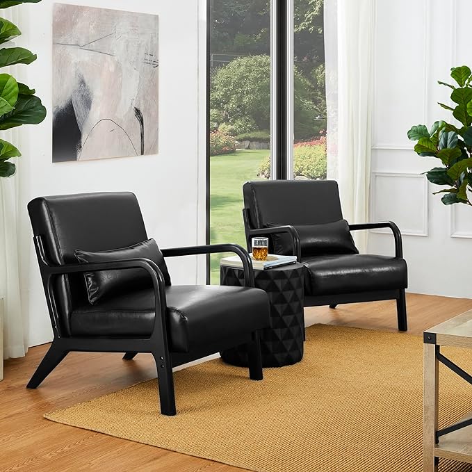Glitzhome Accent Armchair with Walnut Ruberwood Frame, Black PU Leather Lounge Chair for Living Room