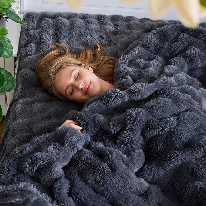 Lotus Karen Faux Fur Blanket Dark Gray Twin Size - Big Bubble Rabbit Fluff Throws for Couch Small Fluffy Fuzzy Cozy Thick Furry Plush Shaggy Blankets 60x80 Inches