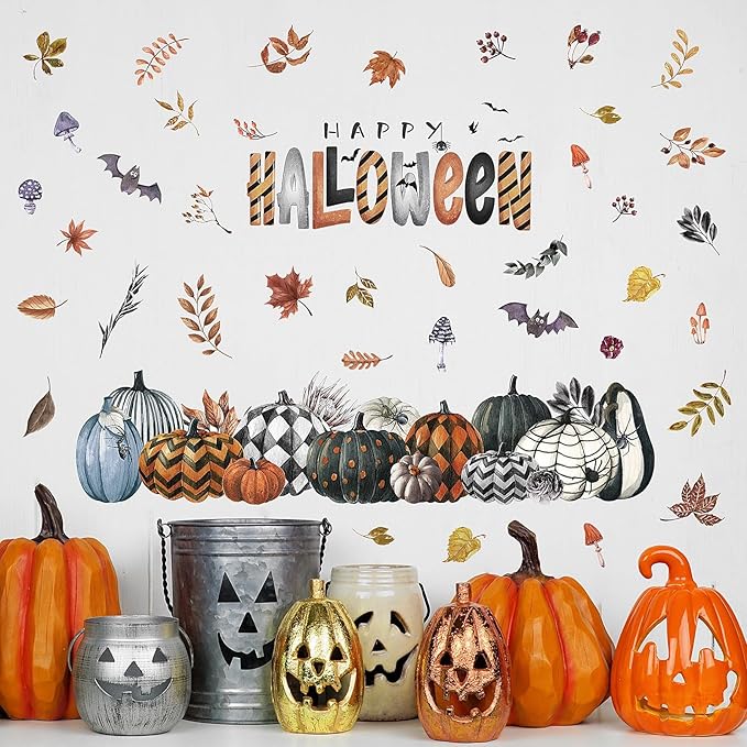 clothmile 40.15 x 38.58 Inch Happy Halloween Pumpkins Wall Decals Halloween Leaves Bat Spider Wall Stickers Halloween Removable Wall Sticker for Halloween Party Supplies Home Wall Decor