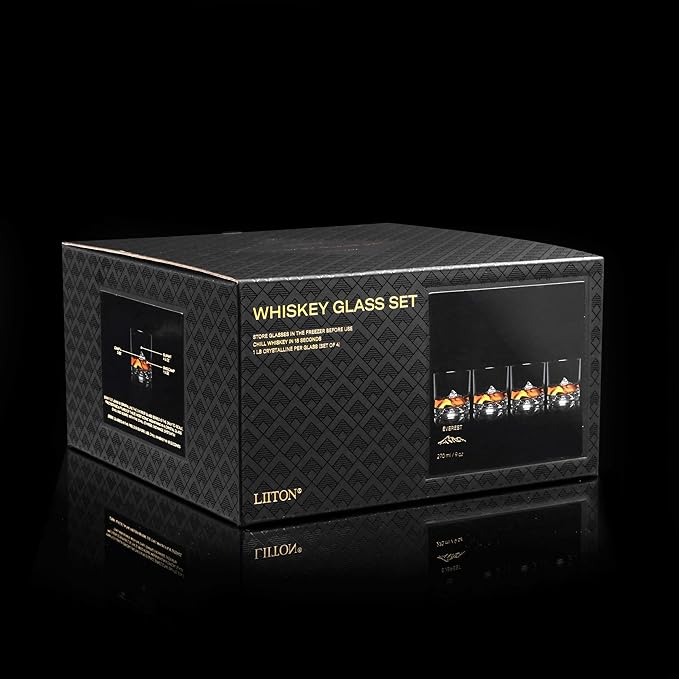 Mount Everest Heavy Crystal Whiskey Glasses Gift Set of 4, Thick Freezable Bourbon Glass 1lb Each, Premium Whiskey Gifts for Men, Frozen Crystal Chills Cocktails, 10 oz