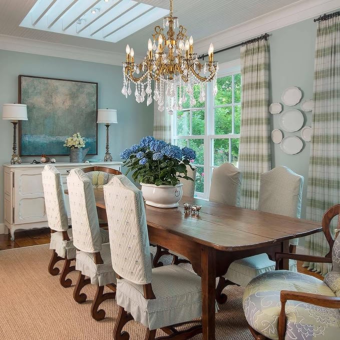 Vintage 8 Arms Crystal Chandelier Candle Light Fixture for Dining Room Living Room Bedroom Hallway Entryway Antique Gold Finish (34"-12 Lights)