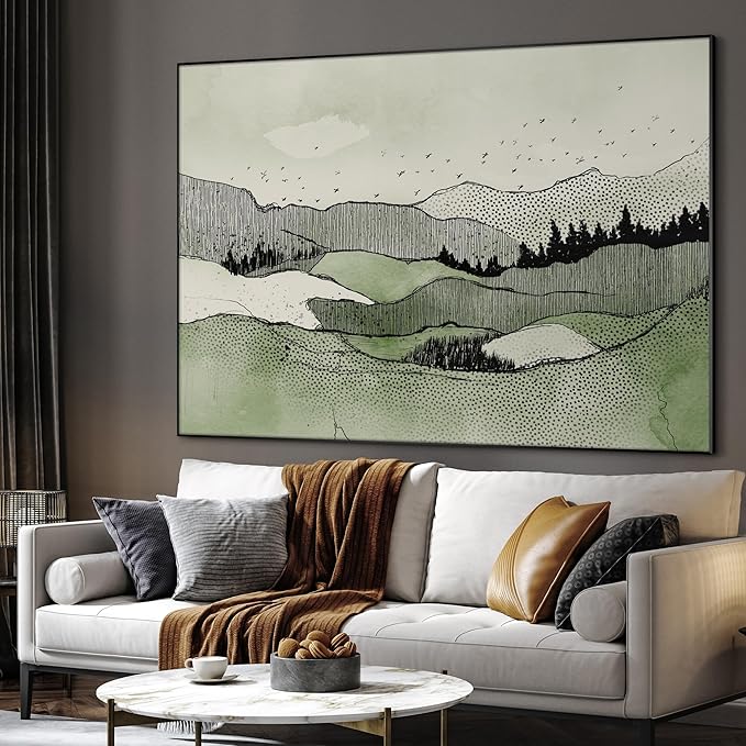 SIGNWIN 60"x72" Extra Large Framed Wall Art Green Line Art Mountain Landscape Illustration for Home Living Room Bedroom Decor (Frame Assembly Required)