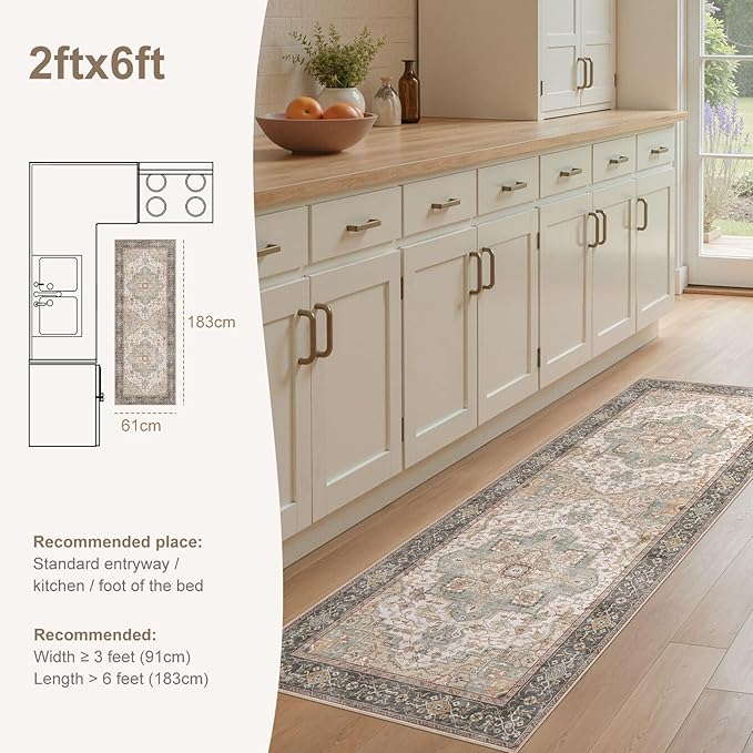 Washable 2x6 Runner Rug - Area Rugs Neutral Vintage Distressed Floral Farmhouse Boho Large Soft Floor Rug Indoor Carpet for Hallway Entryway Bedroom Kitchen - Forest Green Orange