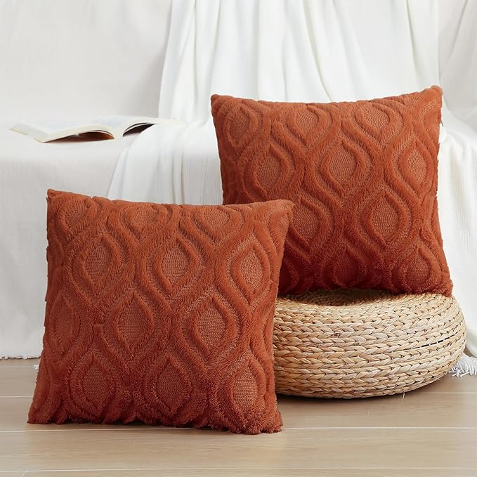 decorUhome Fall Throw Pillow Covers 20x20 Inch Set of 2, Soft Plush Decorative Faux Fur Rust Solid Couch Pillow Covers, Accent Farmhouse Neutral Square Euro Pillow Cases for Sofa Bed Living Room