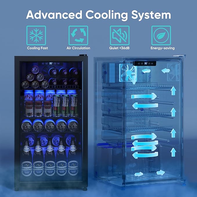 Beverage Fridge, 130 Can Mini Fridge With Glass Door, Beverage Cooler Refrigerator, Wine Drink Beer Cooler, Adjustable Shelves & Digital Temperature Display