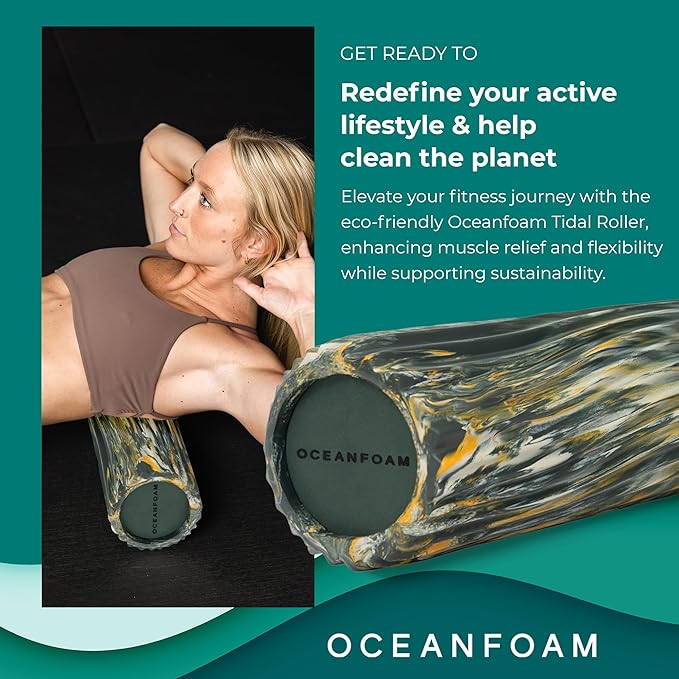 Oceanfoam Tidal Roller - Hunter, Gold & Natural Marbled - Muscle Massage Foam Roller for Back Pain & Stretching - Firm & Ergonomic Wide Wave Textured - Yoga, Athletics, Wellness - Full Size, 20" x 5"
