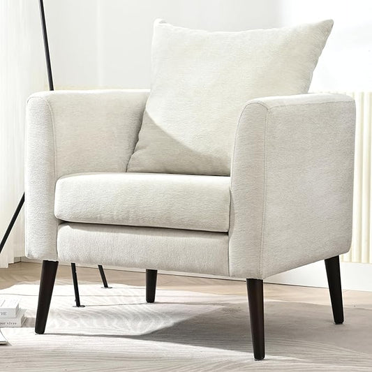 Barrel Accent Chair with Back Pillow, Large Upholstered Armchair with Solid Wood Legs Modern Reading Chairs for Living Room Bedroom