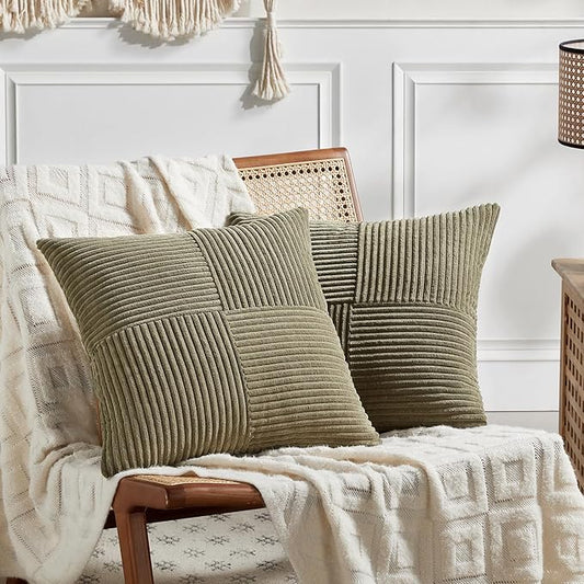 Fancy Homi 2 Packs Olive Green Decorative Throw Pillow Covers 20x20 Inch for Living Room Couch Bed Sofa, Rustic Farmhouse Boho Home Decor, Soft Corss Corduroy Patchwork Accent Cushion Case 50x50 cm