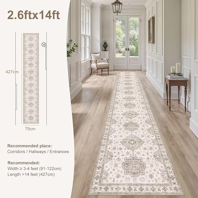 Washable 2.6x14 Runner Rug - Area Rugs Neutral Vintage Distressed Floral Farmhouse Boho Large Soft Floor Rug Indoor Carpet for Hallway Entryway Home - Beige Brown