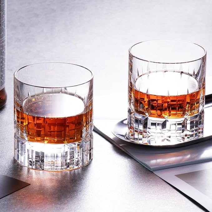 KAMMAK Crystal Whiskey Glasses Set of 2, Luxury 7.78oz Old Fashioned Glasses Stemless, Hand Blown Cocktail Glasses, Handcrafted Engraved Scotch Cup for Women, Men Gift for Bourbon Barware