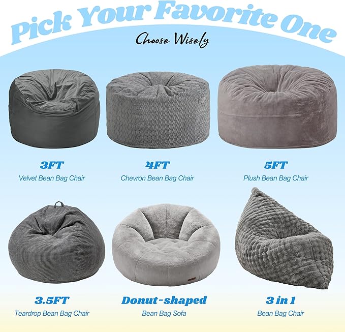 Hobestluk 3 in 1 Bean Bag Chair Giant Bean Bag Chairs for Adults with Bubble Cover Convertible Bean Bag Floor Cushion with Machine Washable Cover for Living Room (Bubble Grey)