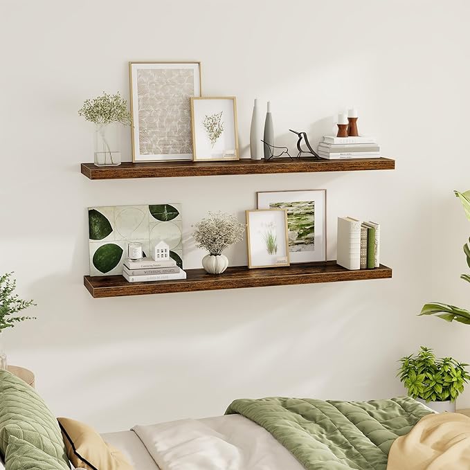 Fun Memories 55 Inch Floating Shelves for Wall 2 Pack Shelves for Bedroom|Kitchen|Bathroom 55 x 9.3 Inch Wood Floating Shelf with Invisible Brackets for Books|Storage|Decor, Rustic Brown