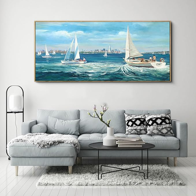 XLSJERST Large Blue Canvas Wall Art Seascape Painting - Landscape Picture Textured Navy Modern Sailboat Ocean Artwork Framed for Living Room Bedroom Bathroom Home Office Wall Decor Large Size 70"x31"