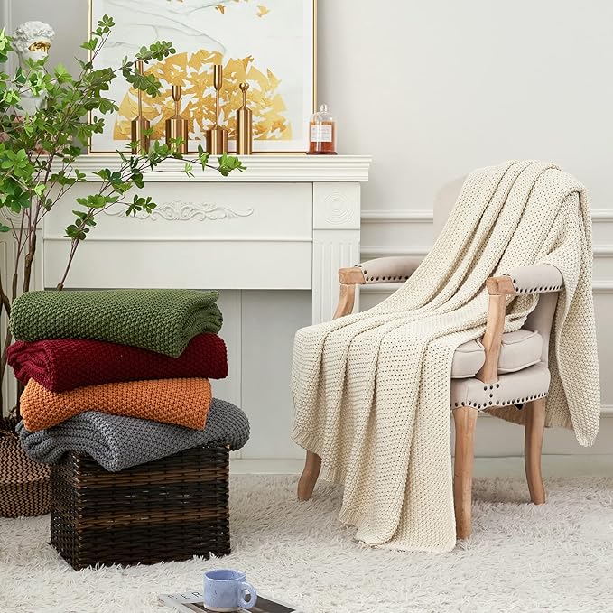 Chunky Cable Knit Throw Blanket Lightweight Burnt Orange 100% Organic Cotton Blanket for Sofa Couch Bed Baby Nursery, Rustic Shabby Chic Modern Farmhouse, 51” x 63” Give Laundering Bag