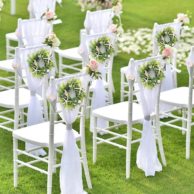 6 Pcs Shell Starfish Swag Wreath Summer Wreaths for Kitchen Cabinet Mini Artificial Rustic Farmhouse Wreaths with Ribbon for Pillar Front Door Porch Wall Window Farmhouse Decoration