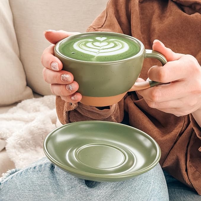 Mora Ceramic Latte Art Mug With Saucer - 10.5 oz, Round Bottom For Perfect Pours - Cafe Cups for Cappuccino, Espresso, Coffee, Tea etc - Porcelain Set for Baristas, Great Gift - Moss Green