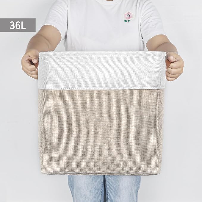 13x13 Cube Storage Bins, Collapsible Fabric Storage Box, 4 Pack Closet Baskets with Handles for Organizing, Shelf, Toys, Clothes, Home, Office, Nursery (Beige&White)