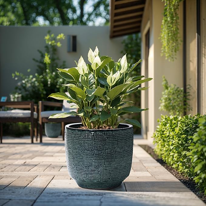 LuxenHome 15.5" Dia Large Ceramic Pots for Plants, Modern Green Glazed Planters for Outdoor Plants, Round Indoor Flower Pots with Drainage Hole and Rubber Plug for Home Garden Patio