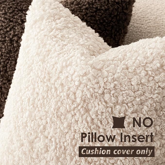 Foindtower Set of 2 Curly Teddy Wool Pillow Covers Decorative Boucle Textured Lumbar Throw Pillow Faux Fur Sherpa Pillowcases Sheepskin Fuzzy Cushion Case for Sofa Bedroom Car 12"x20" Cream Beige