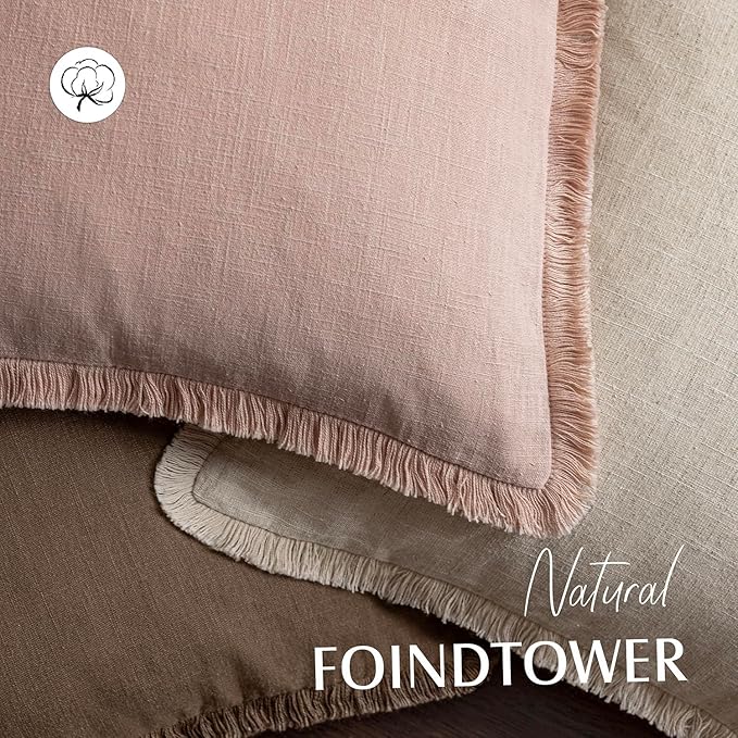 Foindtower Decorative Linen Fringe Throw Pillow Covers Cozy Boho Farmhouse Cushion Cover with Tassels Soft Accent Pillowcase for Chair Sofa Bed Living Room Home Decor, 22×22 Inch, 1PC,Light Pink