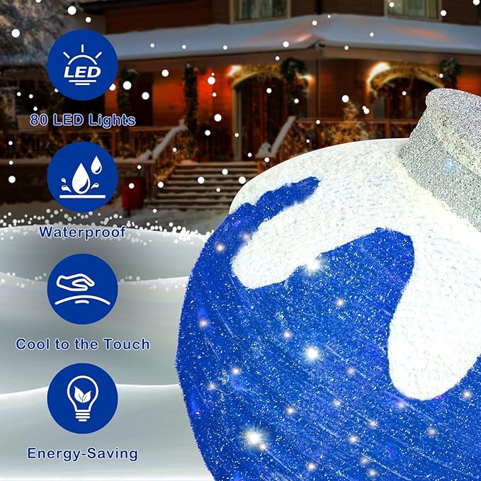 BRIGHTDECK 2 Pcs Outdoor Christmas Ornaments, Lighted Pop-Up Outdoor Holiday Ball Decoration with 80 LED Lights, 8 Light Modes, Lighted Collapsible Holiday Decorations for Yard, Home (RedBlue)