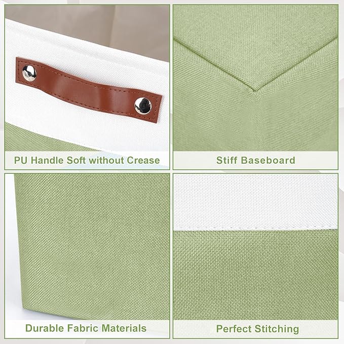 Large Fabric Storage Baskets | 50L Storage Bins, Decorative Linen Closet Baskets with Handles for Organizing, Shelf, Toys, Clothes, Home, Office, Nursery, 17x12x15Inches (Green&White)