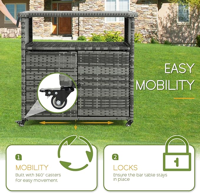 Wicker Outdoor Bar Cart - Gray Gradient Patio Console Storage Table Buffet Cabinet Serving Kitchen Cart with Wheels for Outside Backyard