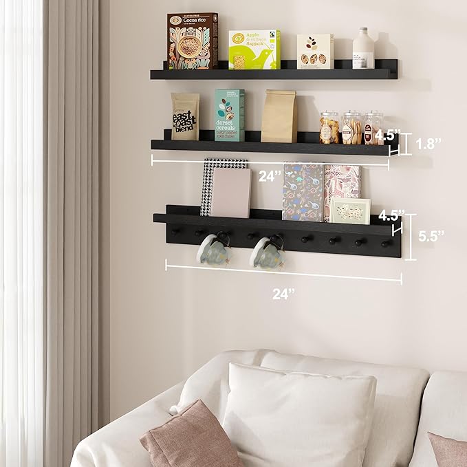 MBYD Black Picture Ledge Shelf with Hooks, 24 Inch Floating Book Shelves Kids Room, Wall Mounted Nursery Bookshelves, Hanging Bookshelf for Bedroom, Living Room, Kitchen, Bathroom Set of 3