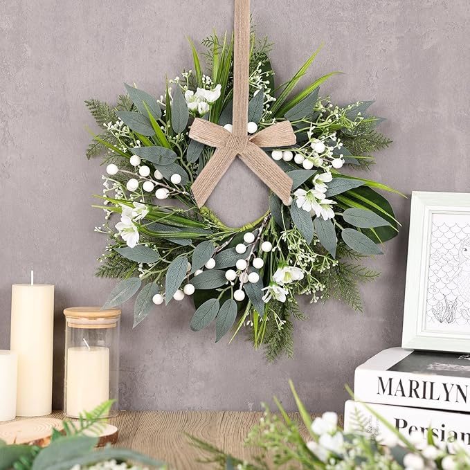 6 PCS Spring Wreaths for Front Door Green Wreath with White Flower Artificial Green Wreath with Ribbon for Pillar Front Door Porch Wall Window Farmhouse Decoration All Seasons