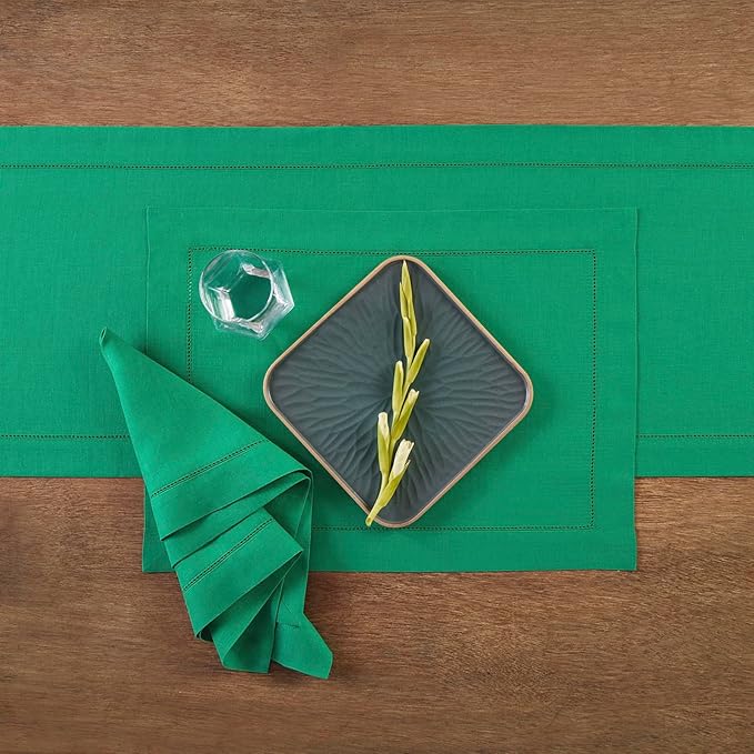Solino Home Linen Table Runner 90 Inches Long - 100% Pure Linen Emerald Green Table Runner 14 x 90 Inch - Classic Hemstitch