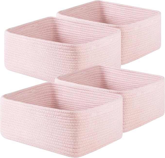 OIAHOMY 4 Pack 14.17*11.02*6.3IN Storage Baskets for Organizing Shelves, Woven Rope Baskets for Organizing Books, Clothes, Decorative Basket for Living Room, Nursery, Bedroom, Gift Basket, Pink